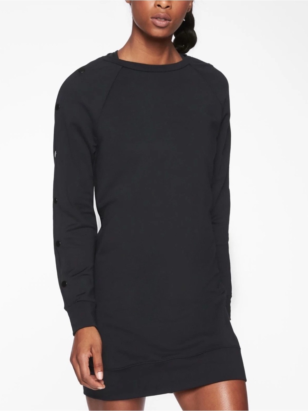 Athleta Black Long-Sleeve Button-Trim Sweatshirt Dress